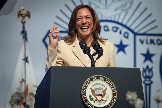 <p>Vice President Kamala Harris speaks to a Zeta Phi Beta sorority event in Indiana on July 24. Her presidential campaign is reportedly casting a wider net in the search for a running mate. </p>
