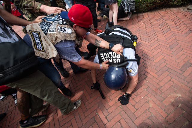 <p>Protesters against Israeli prime minister Benjamin Netanyahu clash with police at Union Station in Washington DC on 24 July 2024</p>