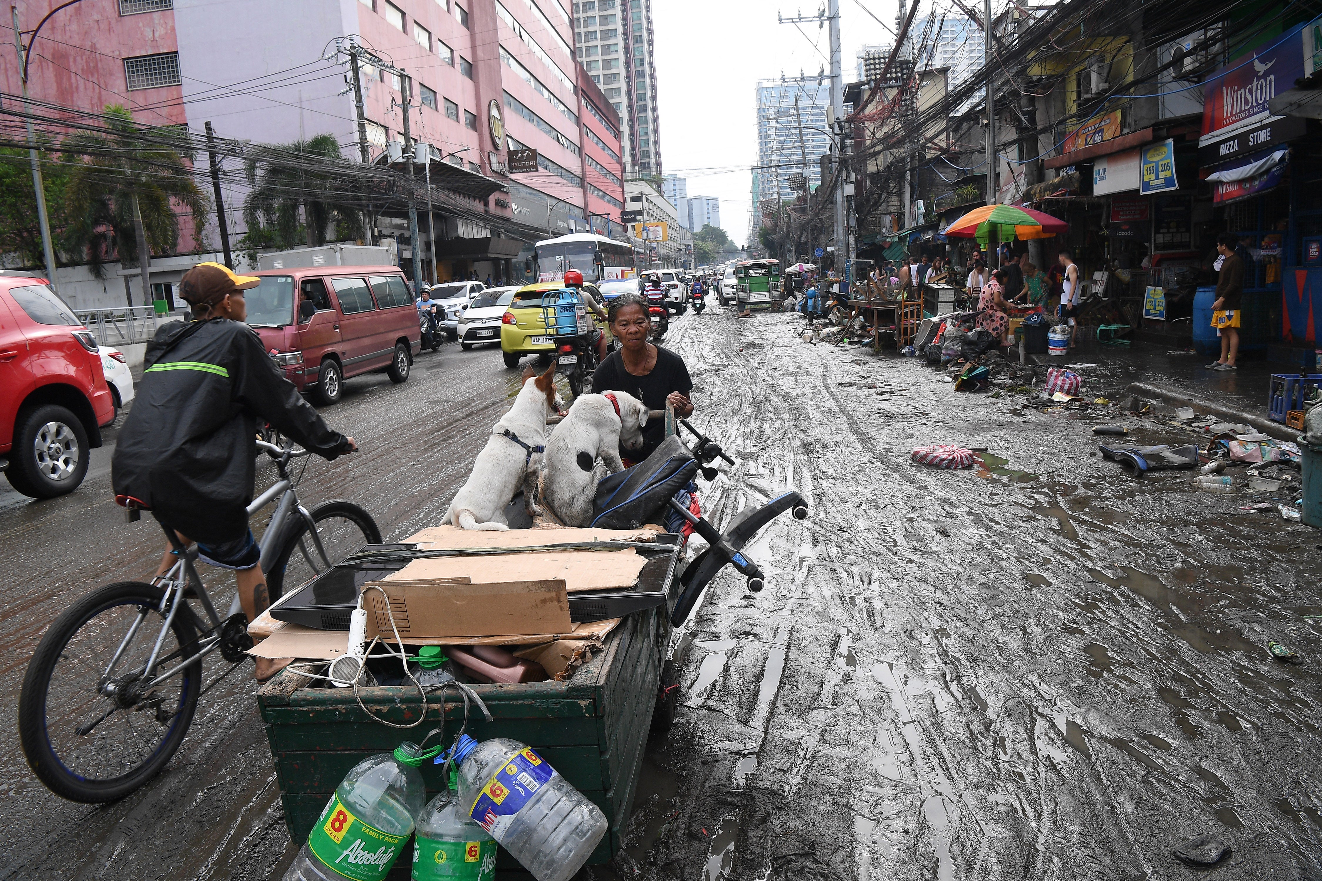 A resident pushes her cart loaded with her belongings and pet dogs along a mudded road in Manila