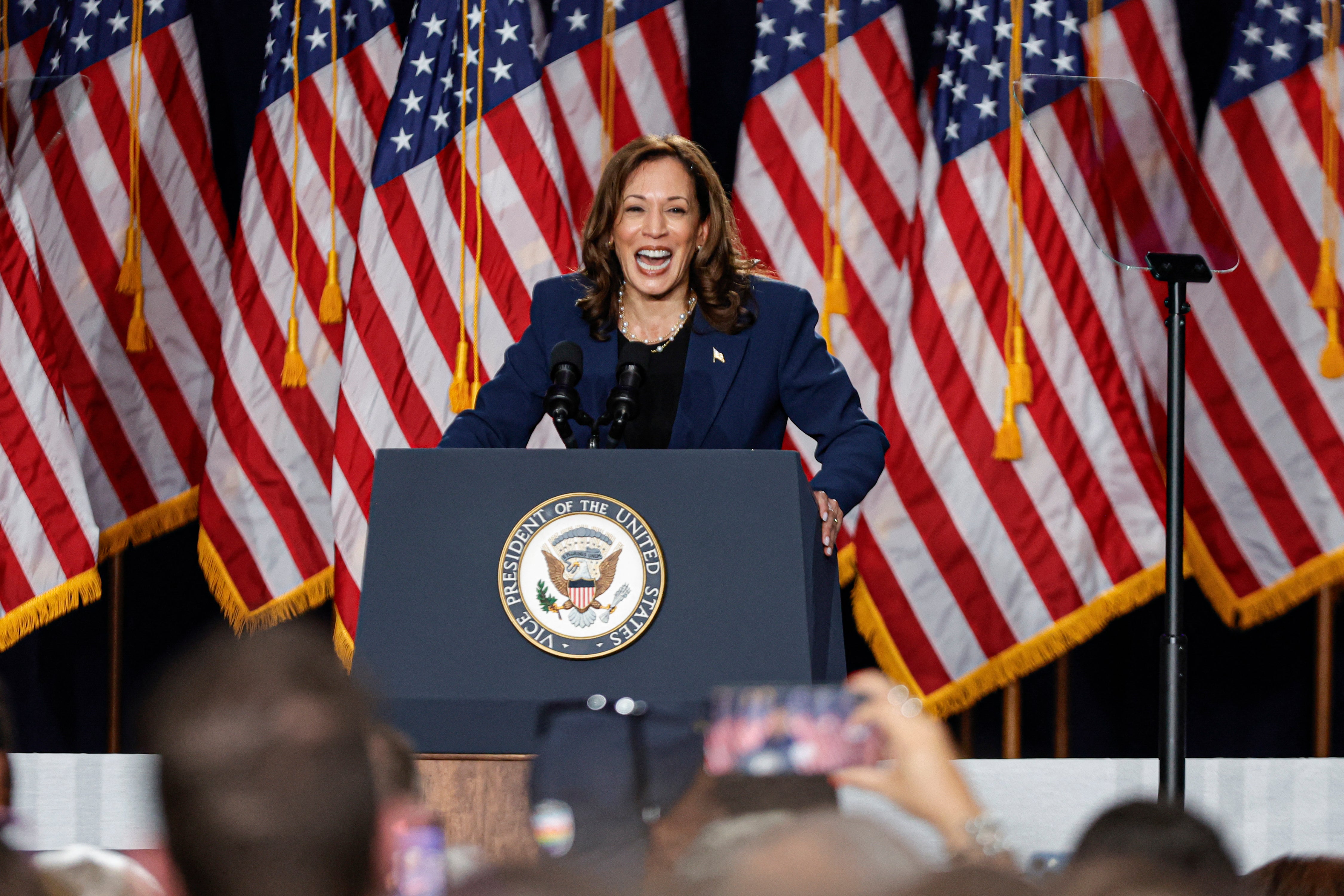 Democratic presidential candidate Kamala Harris speaks at West Allis Central High School during her first campaign rally in Milwaukee, Wisconsin, on 23 July