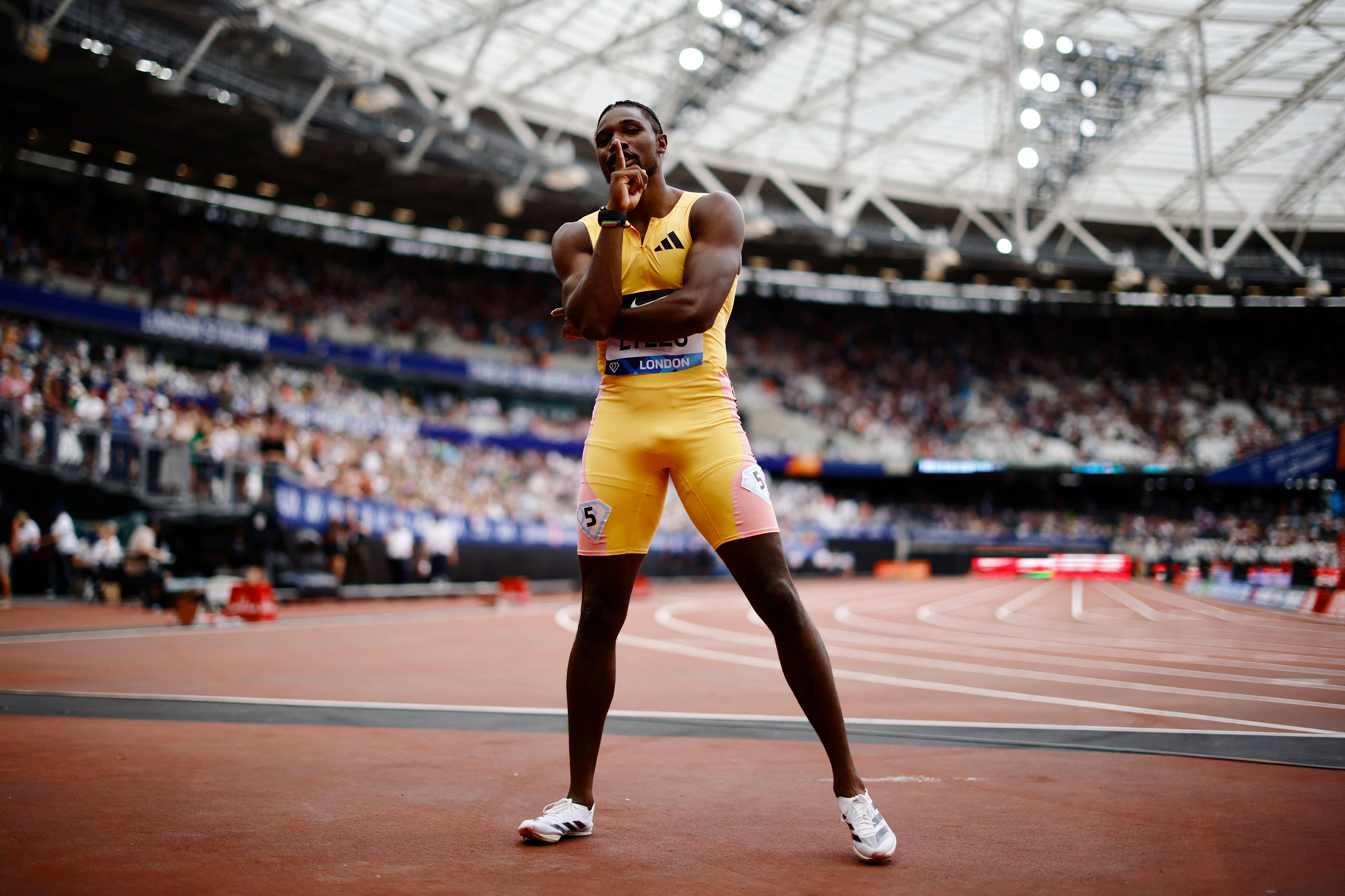 Noah Lyles celebrates at the London Diamond League