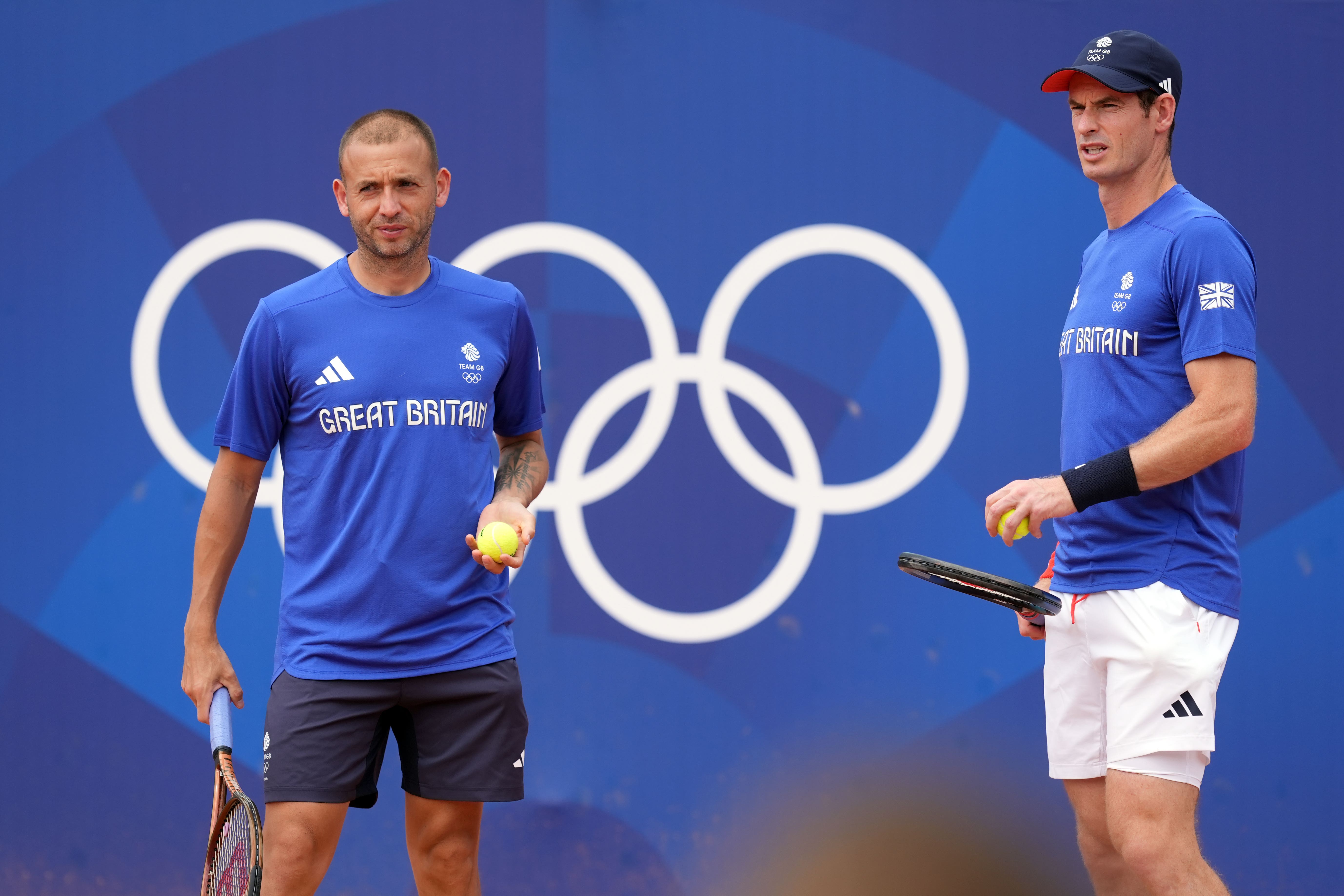 Great Britain’s Andy Murray (right) with doubles partner Dan Evans during a training session at Roland-Garros ahead of the Paris Olympics (Martin Rickett/PA).