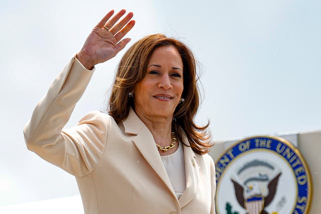 <p>US Vice President and Democratic Presidential candidate Kamala Harris waves as she boards Air Force Two at Indianapolis International Airport on July 24, 2024</p>