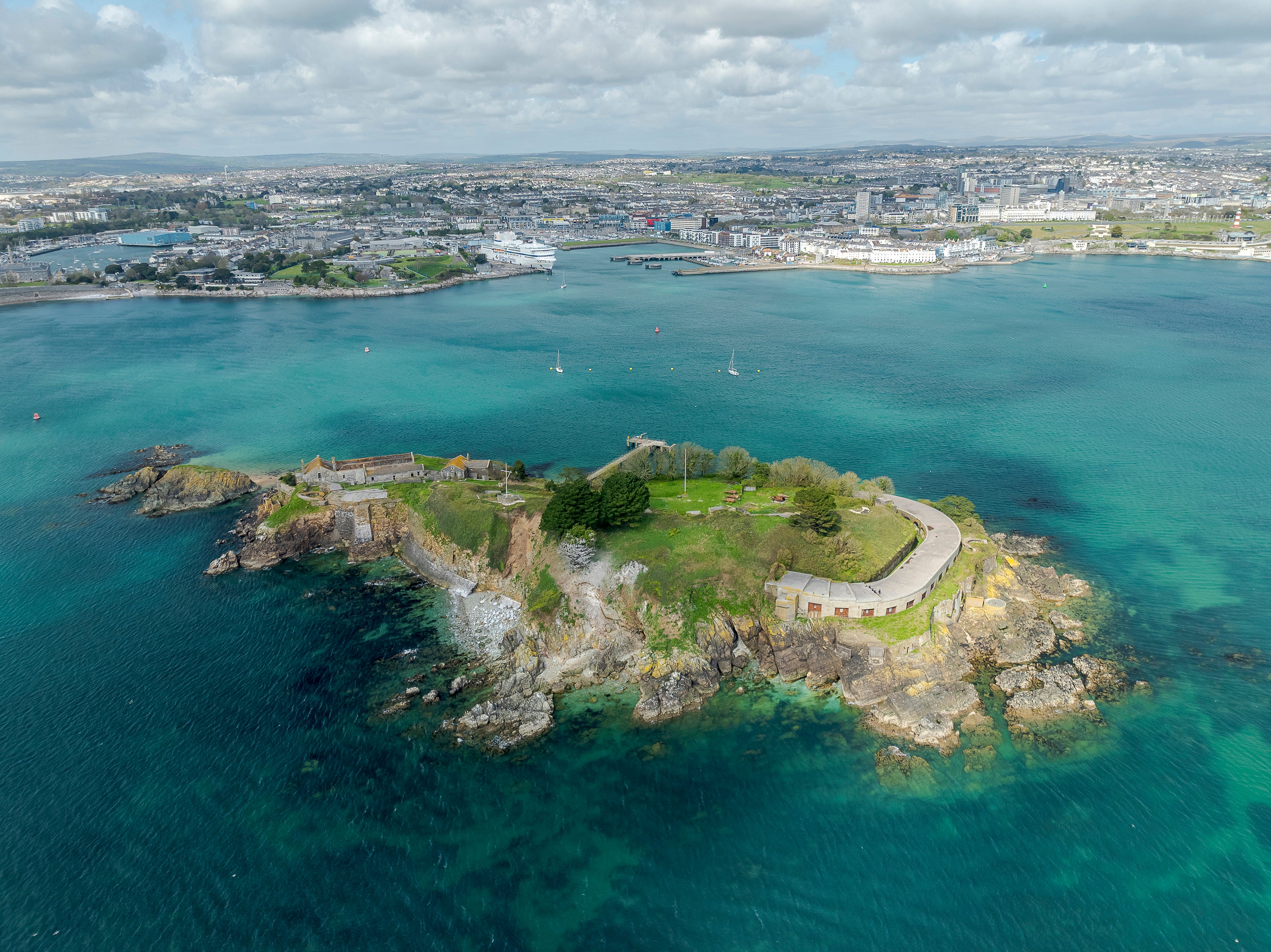 Drake’s Island with Plymouth in the background