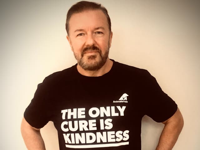 <p>Ricky Gervais in T-shirt with ‘kindness’ slogan</p>