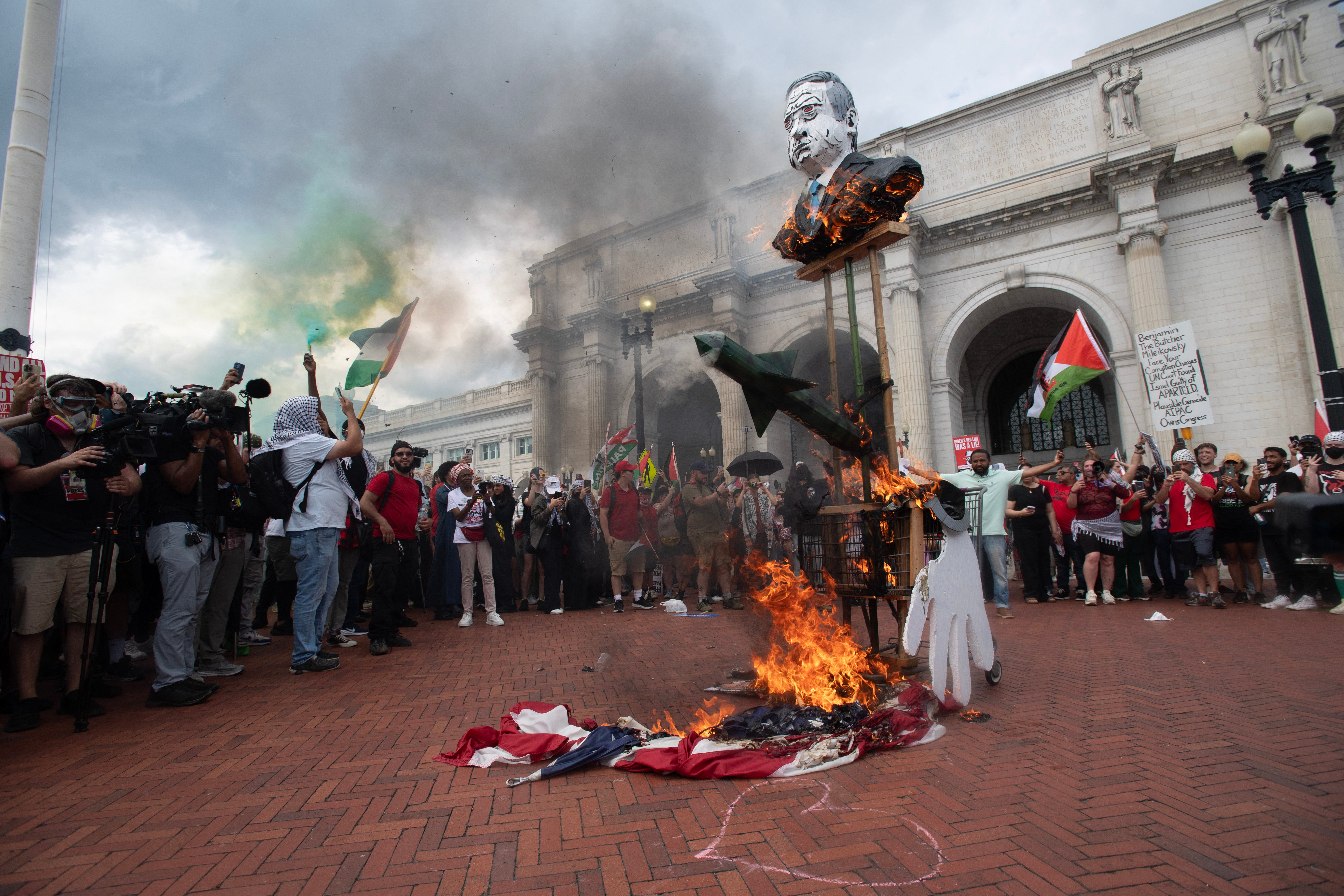 Protesters burned an American flag outside of Union Station, near Captol Hill, in 2024 during a demonstration against Israel’s war in Gaza