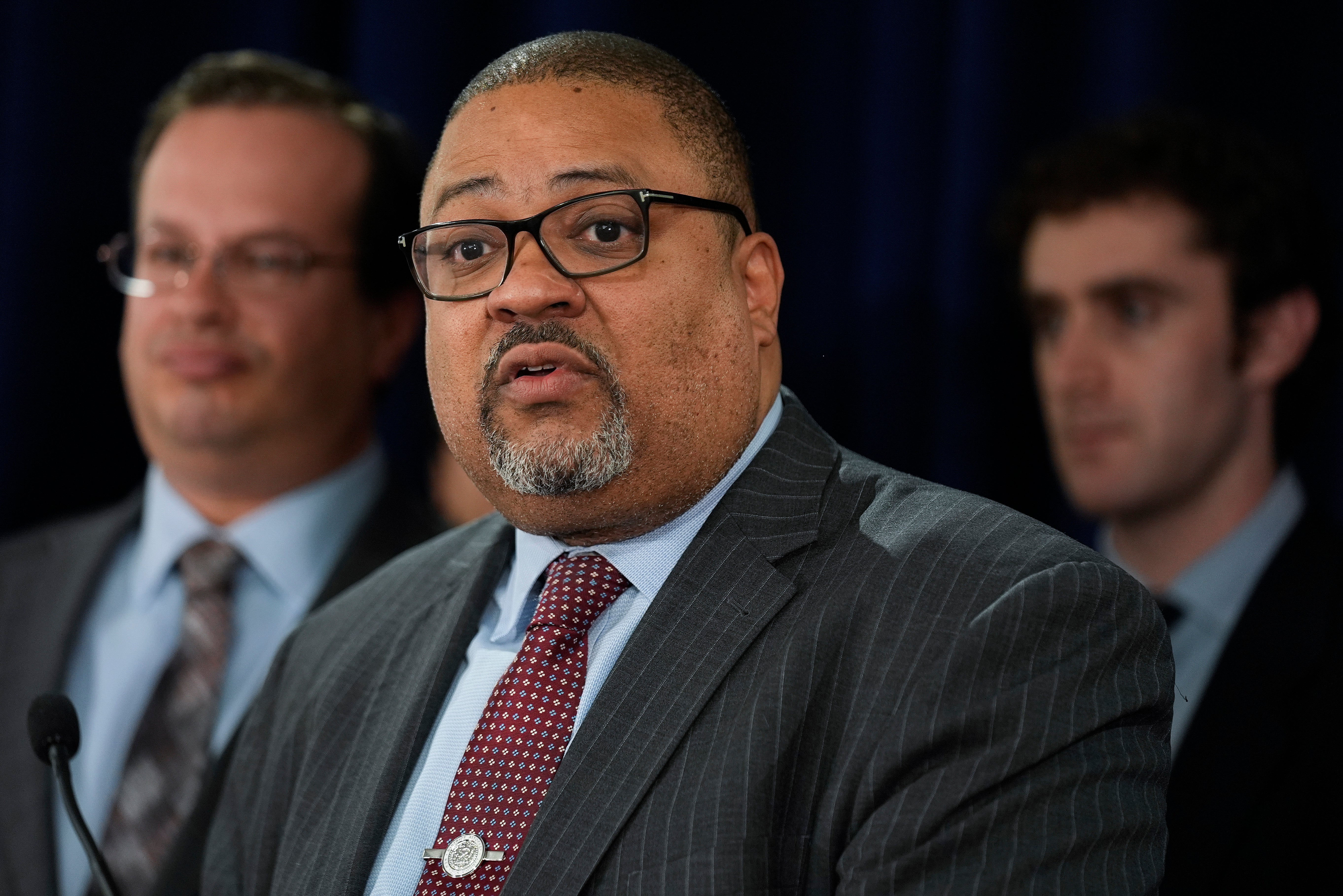 Manhattan District Attorney Alvin Bragg speaks to the media after a jury found Donald Trump guilty on 34 felony counts of falsifying business records on May 30. His office is challenging the former president’s attempt to overturn the verdict based on the Supreme Court’s ‘immunity’ ruling that was published on July 1.