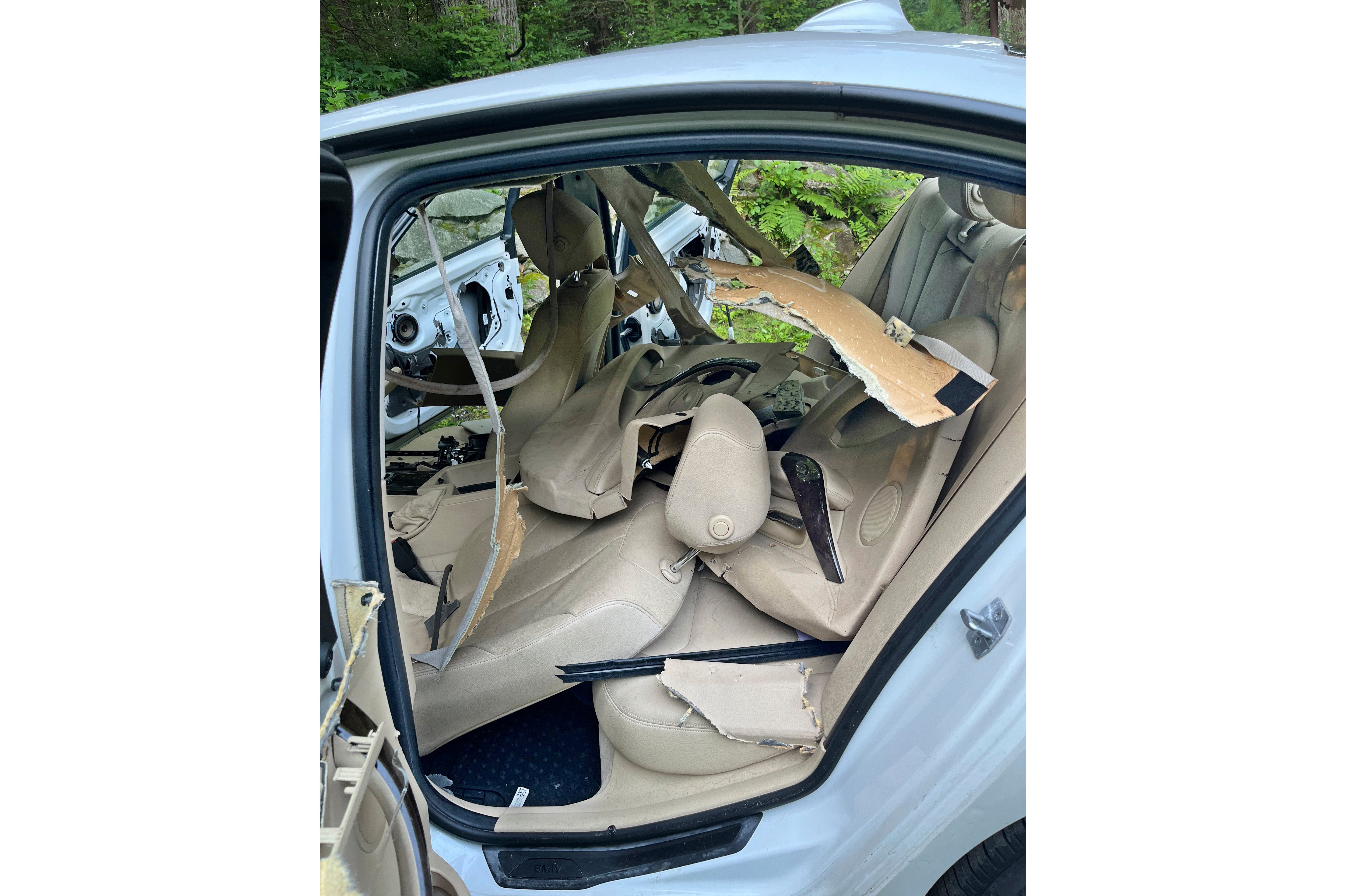 The damage caused by a bear and cub that broke into a car