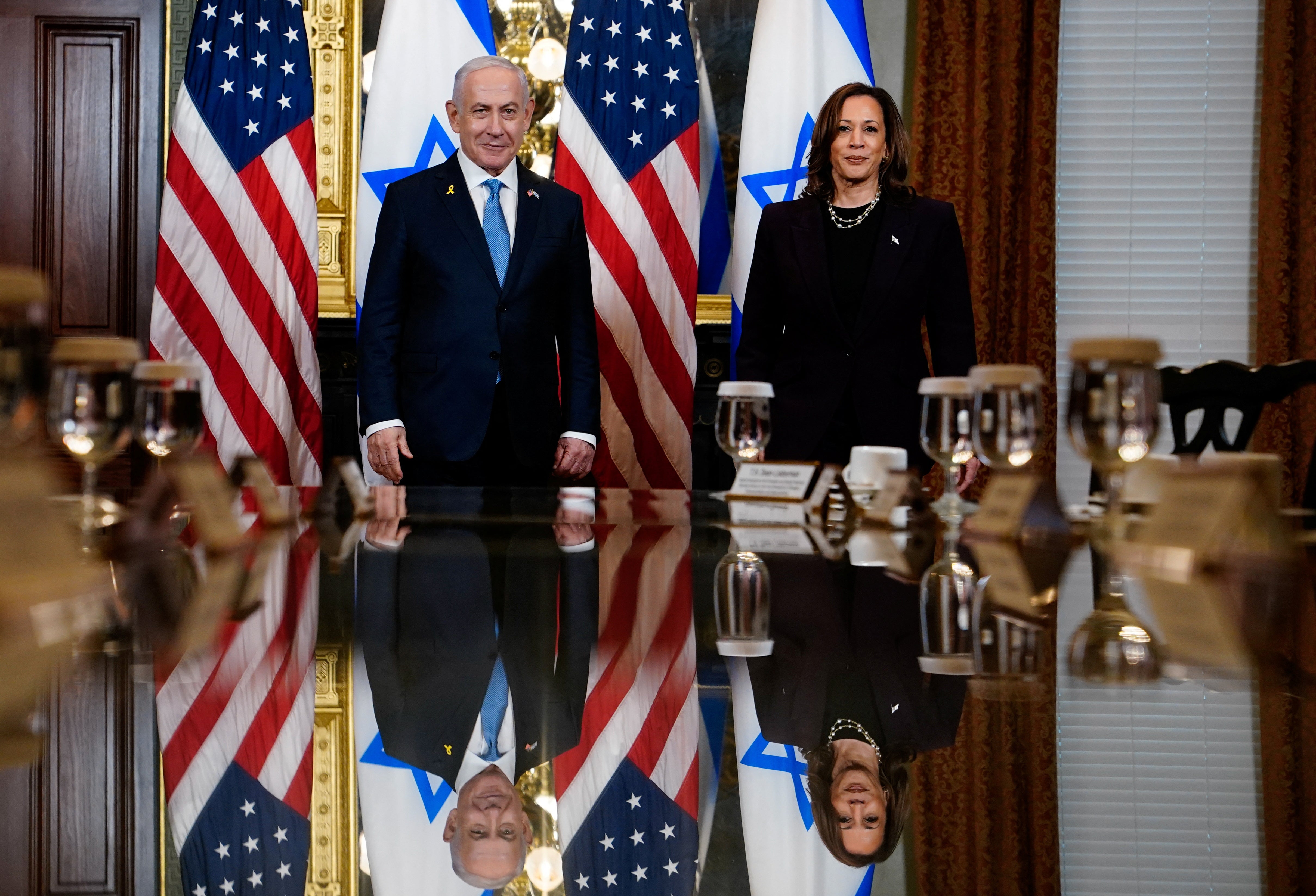 Vice President Kamala Harris meets with Israeli Prime Minister Benjamin Netanyahu at the Eisenhower Executive Office Building on the White House grounds on July 25, 2024