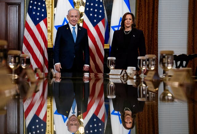 <p>Vice President Kamala Harris meets with Israeli Prime Minister Benjamin Netanyahu at the Eisenhower Executive Office Building on the White House grounds on July 25, 2024</p>