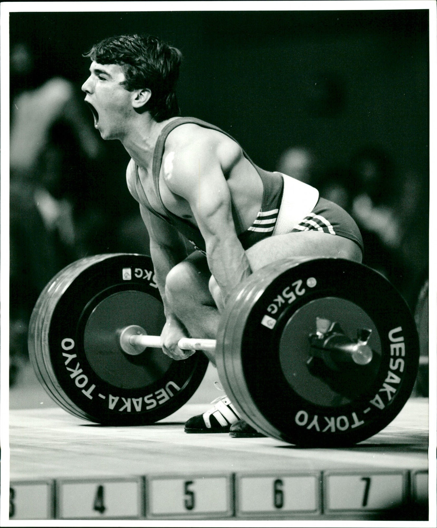Weightlifter representing Turkey lets out roar during competition, Seoul 1988