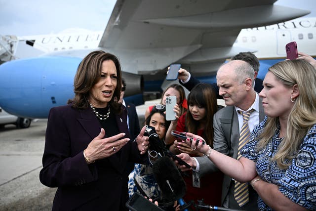<p>Kamala Harris steps off Air Force Two upon arrival at Joint Base Andrews in Maryland on Thursday July 25 2024. She later taunted Trump for backing out of debate </p>