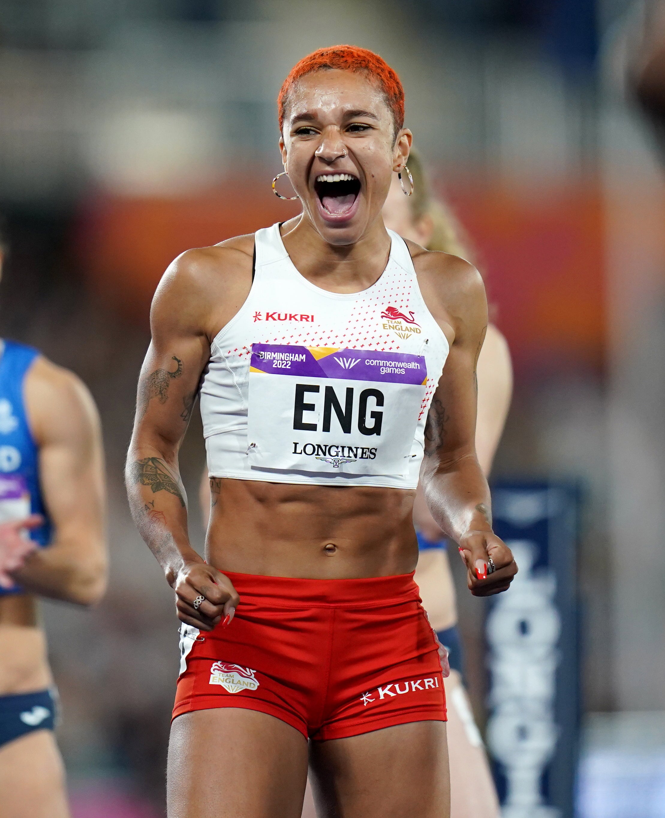 Jodie Williams celebrating her team victory in the Women’s 4 x 400m Relay Final at Alexander Stadium during the Commonwealth Games in 2022 (Jacob King/PA)