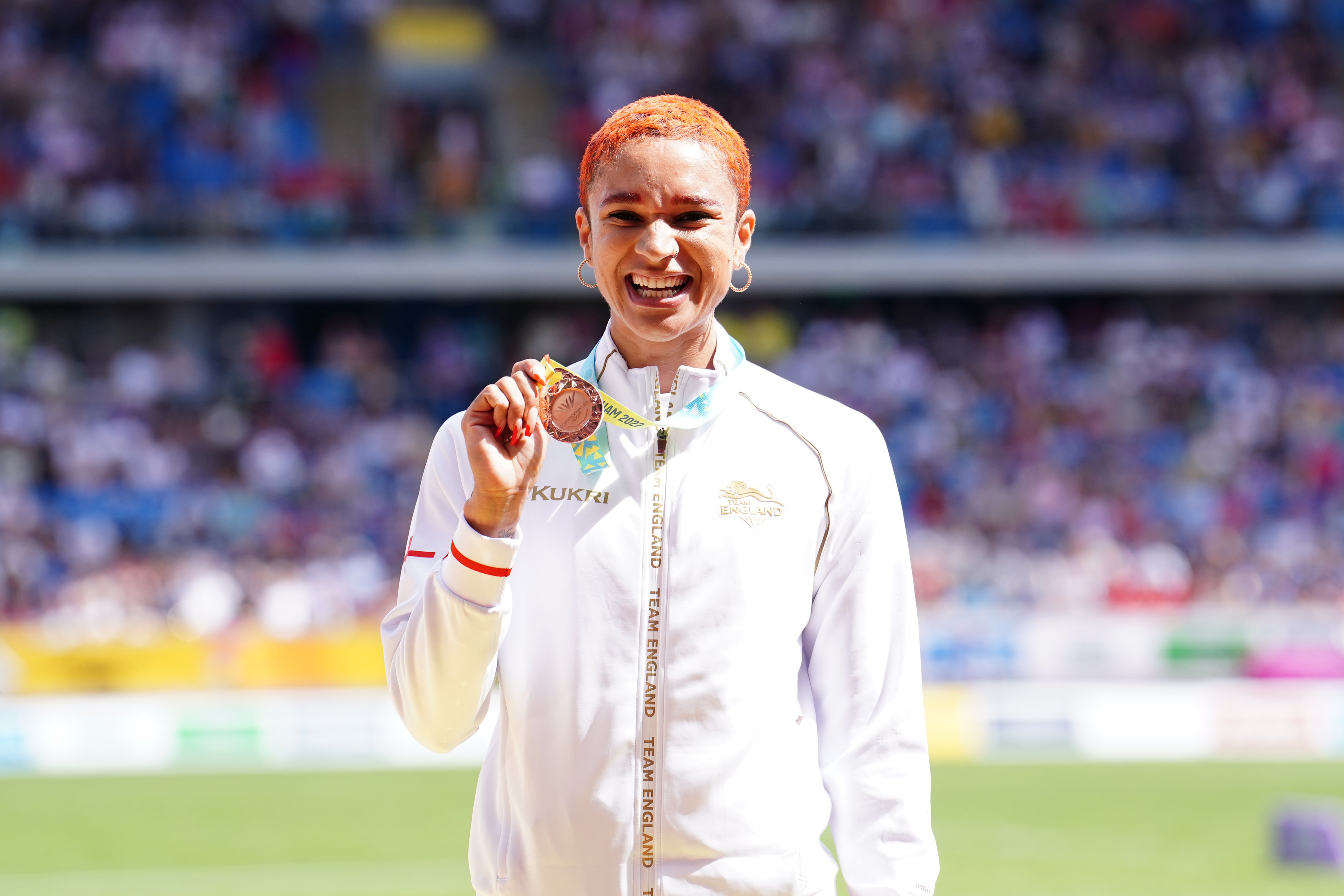 Jodie Williams with a bronze medal during the medal ceremony for the Women’s 400m Final at the 2022 Commonwealth Games in Birmingham (Martin Rickett/PA)