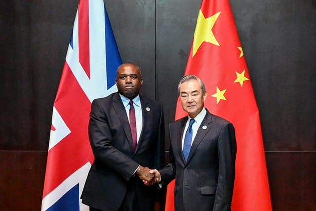 <p>Foreign secretary David Lammy shakes hands with China’s foreign minister Wang Yi</p>