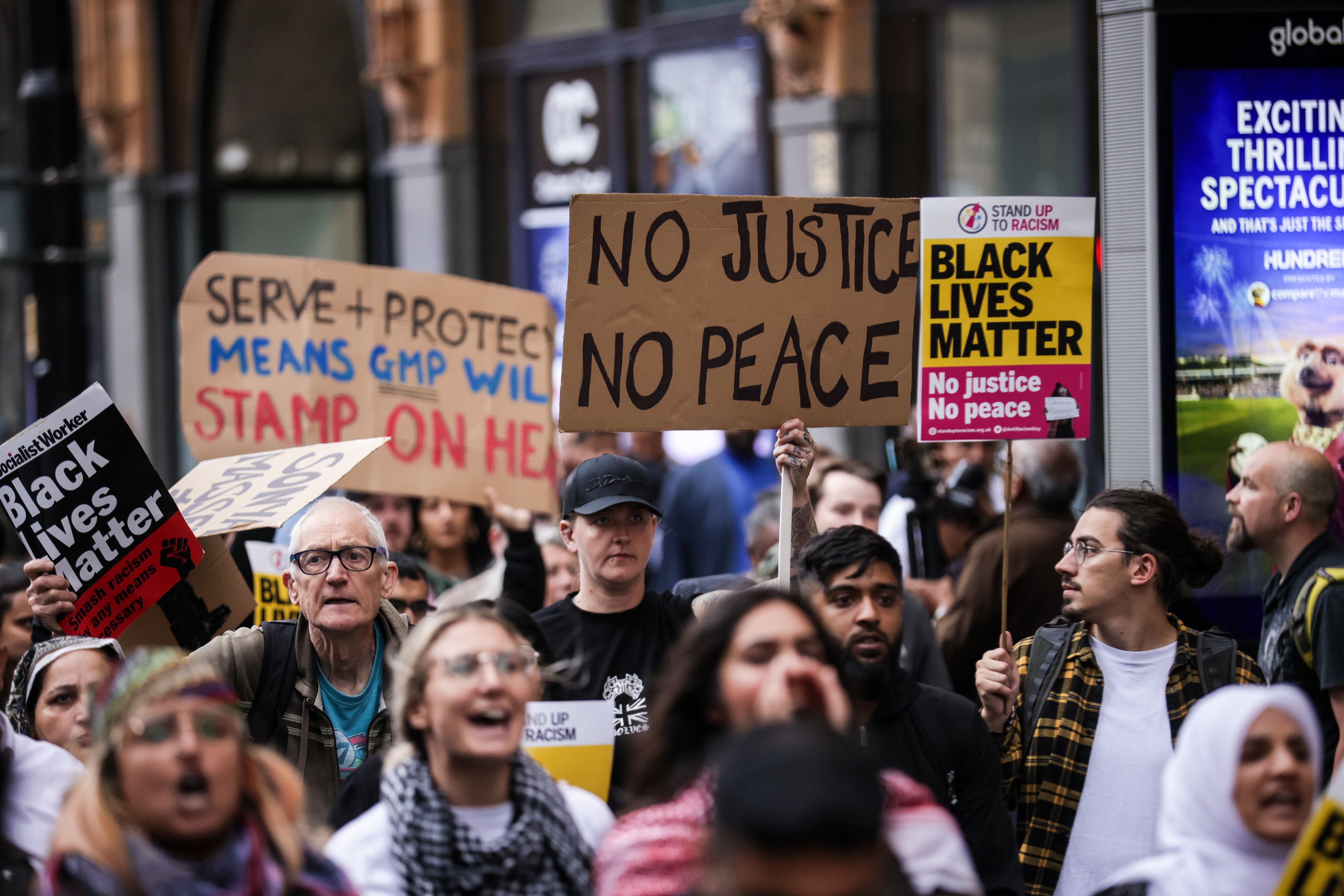 A Stand Up To Racism demonstration in Manchester after a white police officer was suspended after a video which appeared to show an Asian man being kicked as he lay on the floor