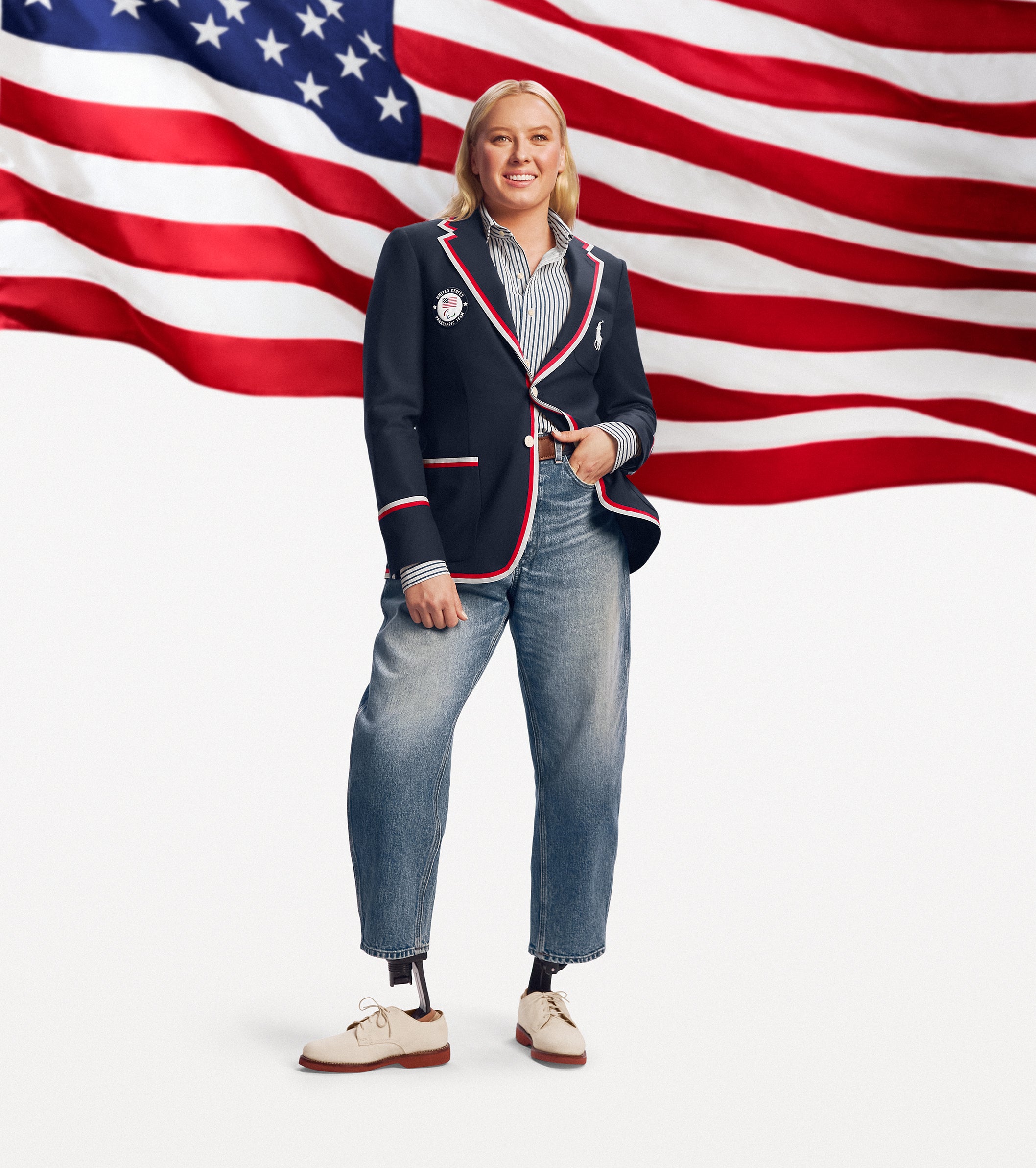 Swimmer, Jessica Long, wears the women’s uniform with cream leather brogues (Ralph Lauren/PA)