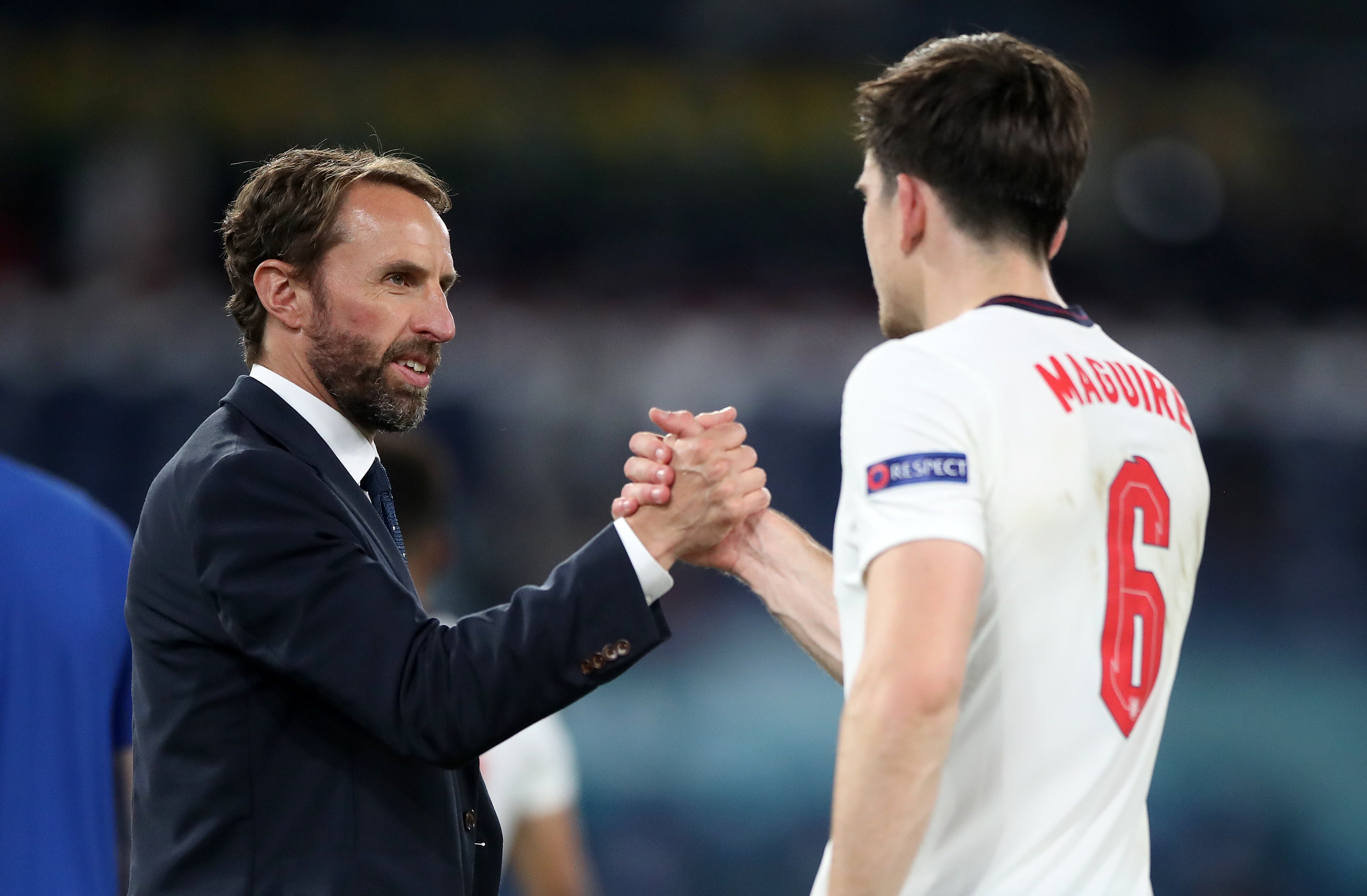 Harry Maguire (right) was part of Gareth Southgate’s (left) first-choice centre-back pairing with England (Nick Potts/PA)