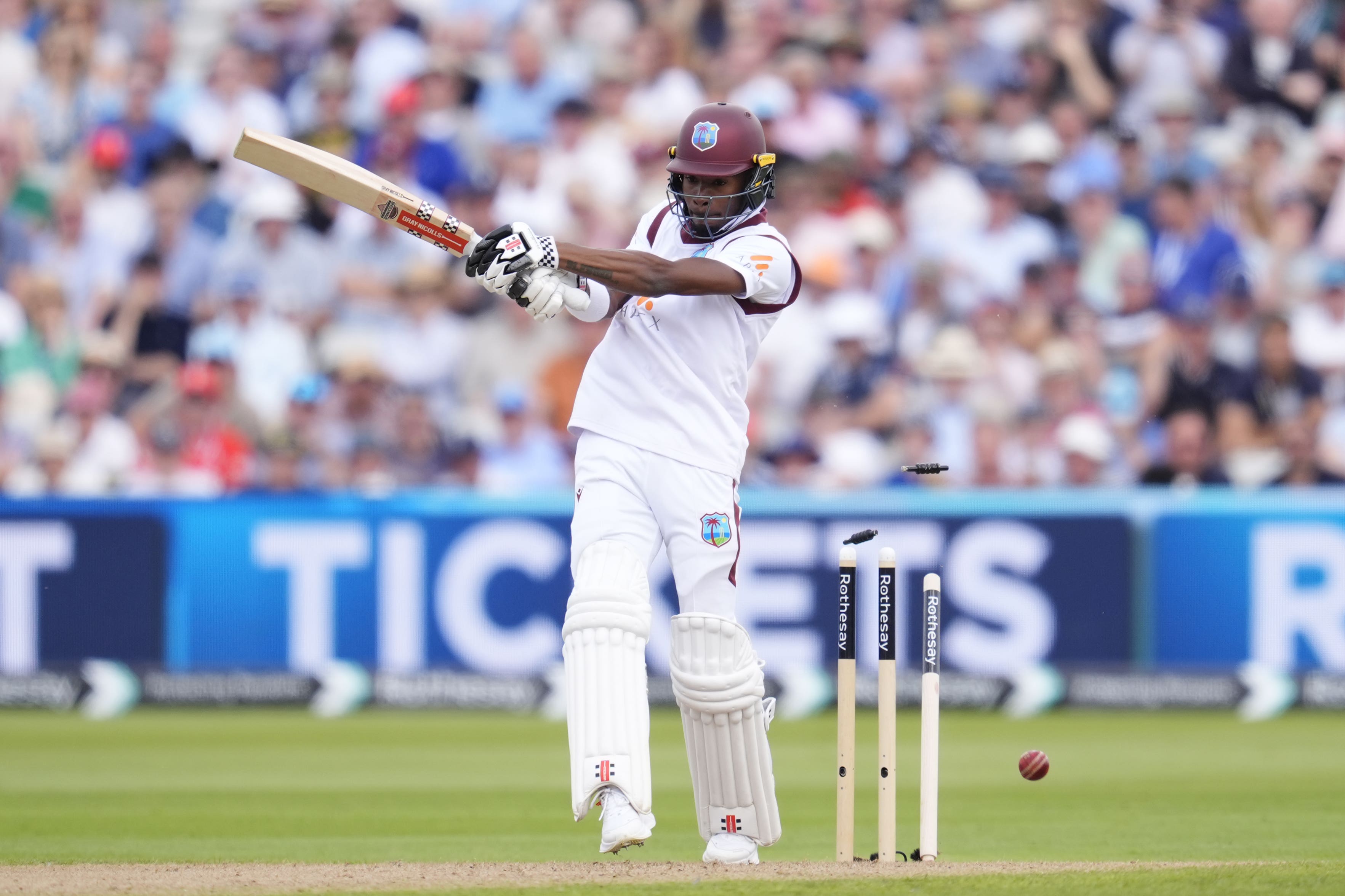 West Indies’ Alick Athanaze is dismissed by Gus Atkinson (Nick Potts/PA) just before lunch during day one of the Third Rothesay Test match at Edgbaston, Birmingham. Picture date: Friday July 26, 2024.