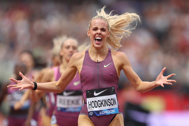 <p>Keely Hodgkinson reacts after setting a new personal best at the London Diamond League this month</p>