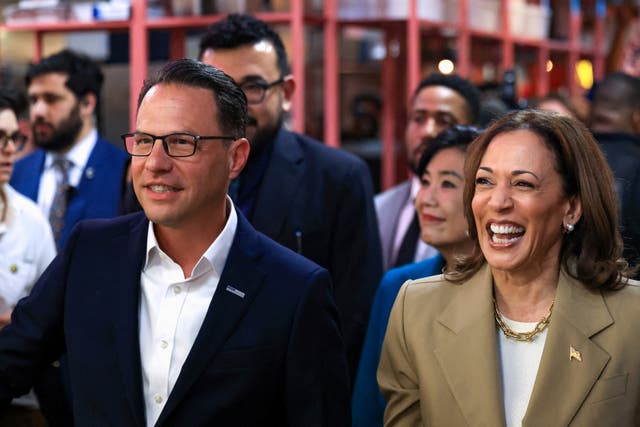 <p>Pennsylvania Governor Josh Shapiro (left) pictured with Vice President Kamala Harris (right). Shapiro and Michigan Governor Gretchen Whitmer will campaign for the vice president on Monday</p>