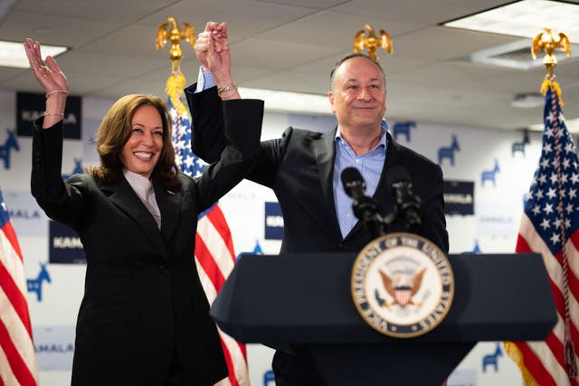 <p>Vice President Kamala Harris and Second Gentleman Doug Emhoff appear at the Harris for President campaign headquarters as she launched her candidacy on July 22.  Harris said he missed the moment when President Joe Biden dropped out because he was out with friends. </p>