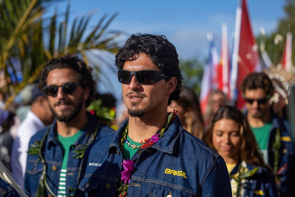 Gabriel Medina of Team Brazil walks during the opening ceremony of the Olympic Games Paris 2024 on July 26, 2024 in Teahupo'o,