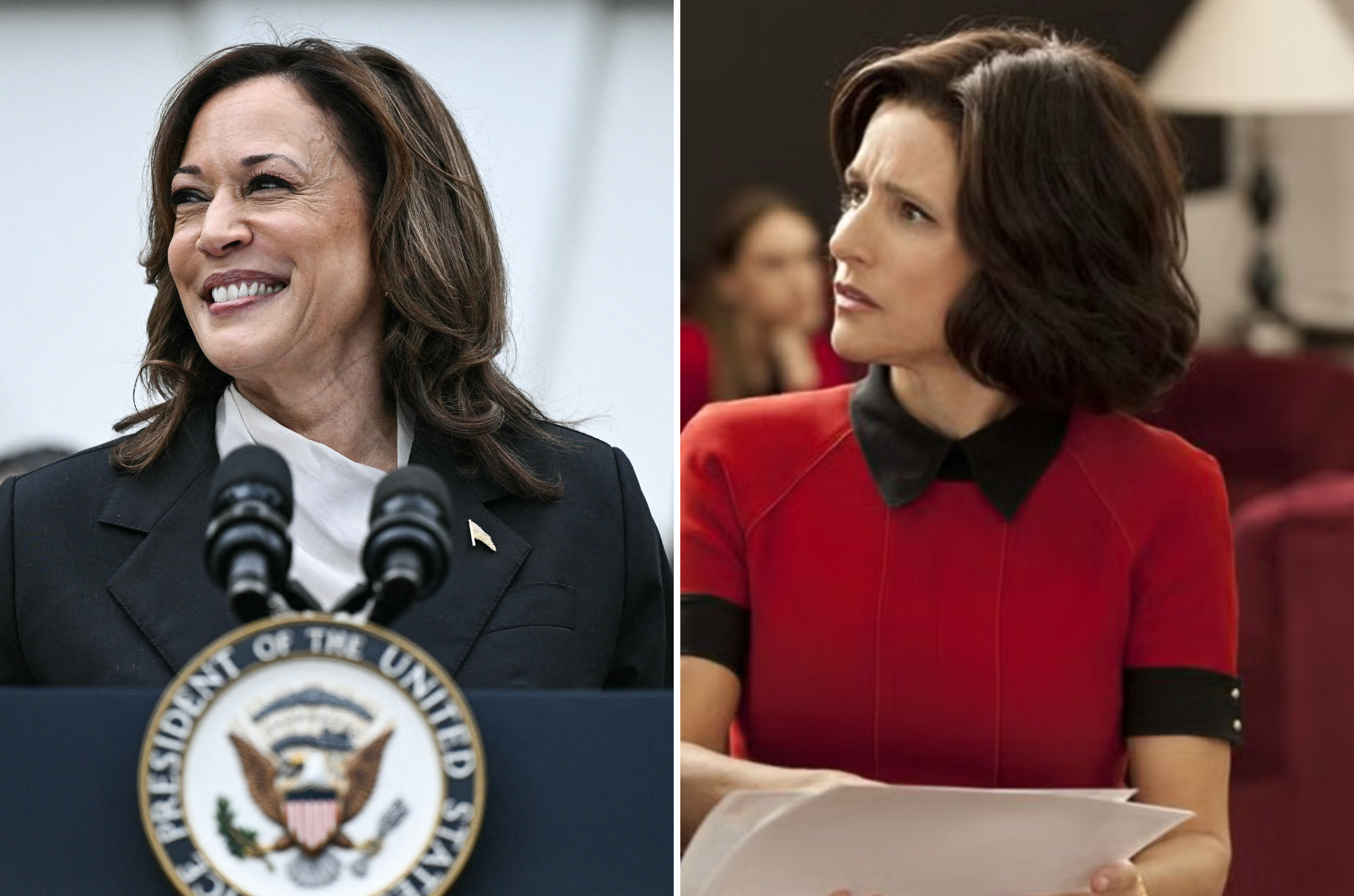 Social media users have drawn comparisons to the rise of Kamala Harris (left) and Louis-Dreyfus’ character on political satire show Veep