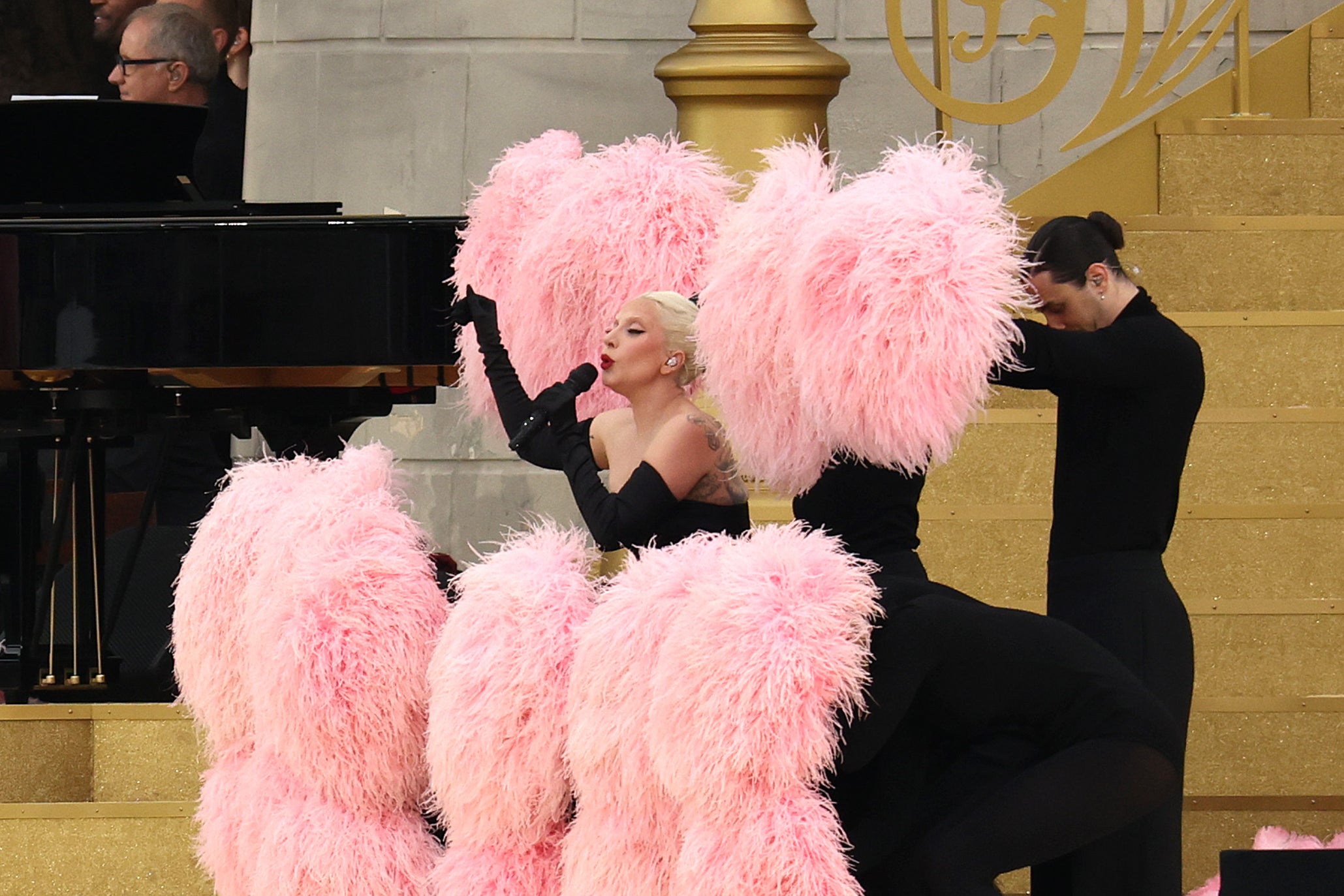 Lady Gaga performs at the Sully bridge area before the opening ceremony of the Olympic Games Paris 2024