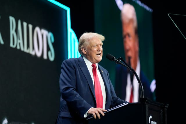 <p>Republican presidential candidate former President Donald Trump speaks at the Turning Point Believers' Summit, Friday, July 26, 2024, in West Palm Beach</p>