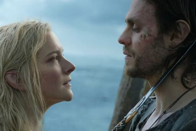 <p>Galadriel (Morfydd Clark) and Halbrand (Charlie Vickers) in ‘Lord of the Rings: The Rings of Power’</p>