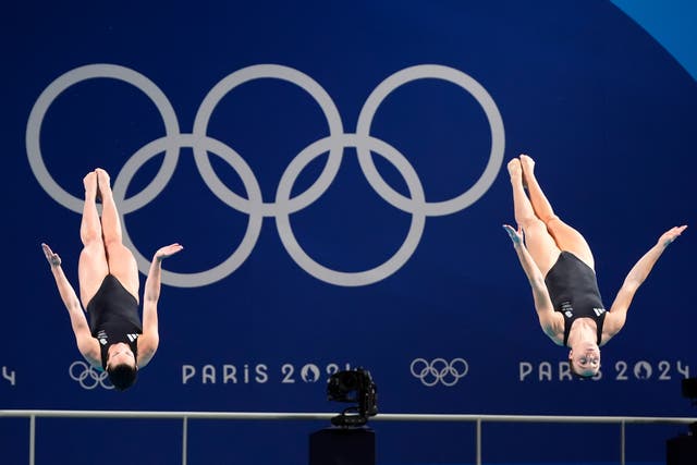 <p>Britain's Yasmin Harper and Scarlett Mew Jensen compete in the women's synchronised 3m springboard diving final </p>