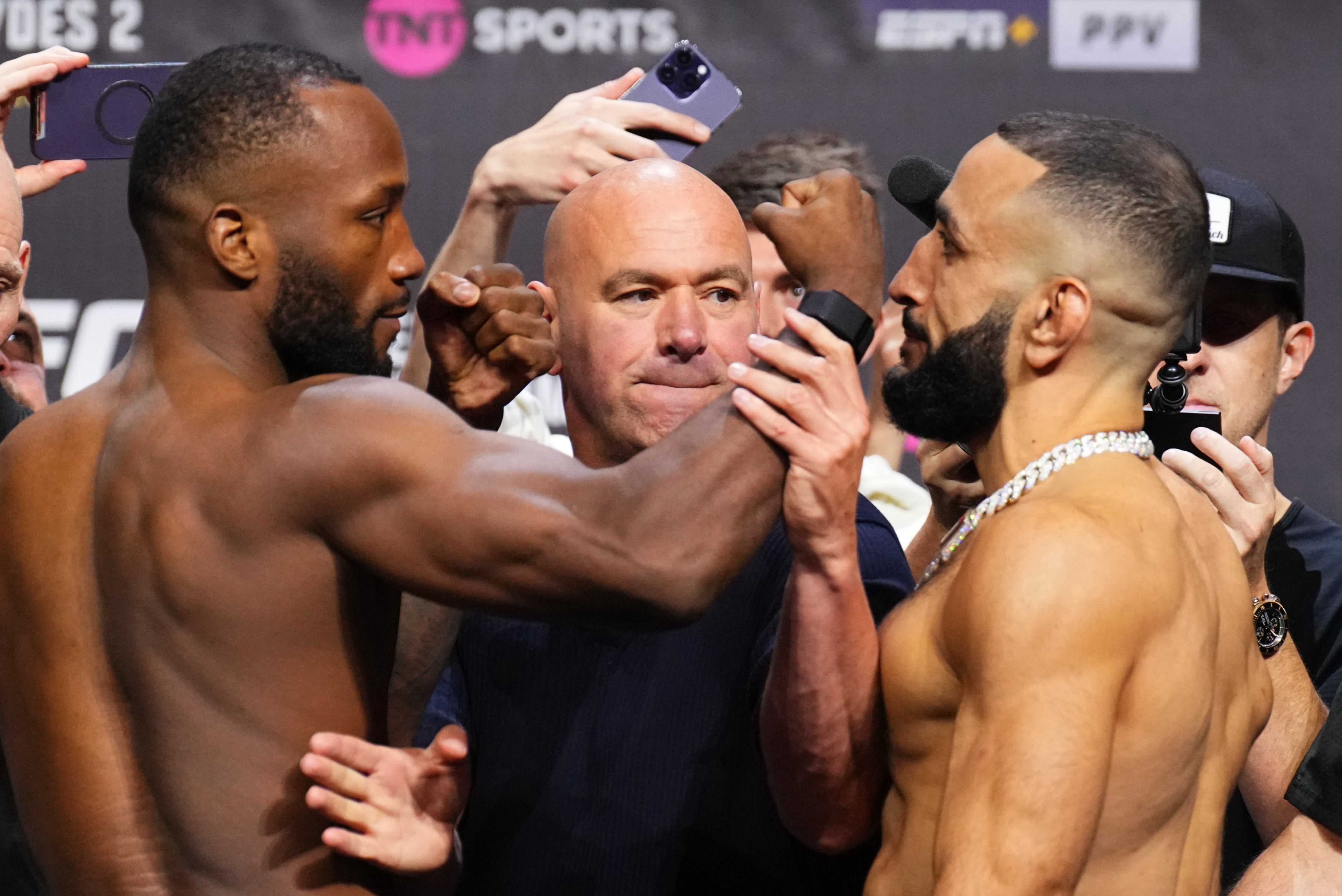 Leon Edwards (left) before his title defence against Belal Muhammad