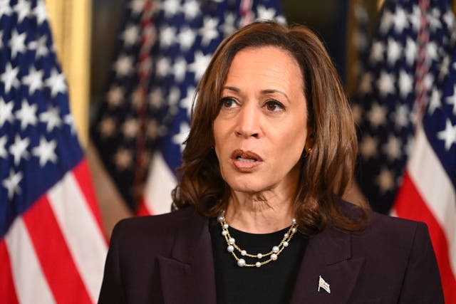 <p>US Vice President Kamala Harris speaks to the press after meeting with Israeli Prime Minister Benjamin Netanyahu in the Vice President's ceremonial office at the Eisenhower Executive Office Building in Washington, DC, on July 25, 2024</p>