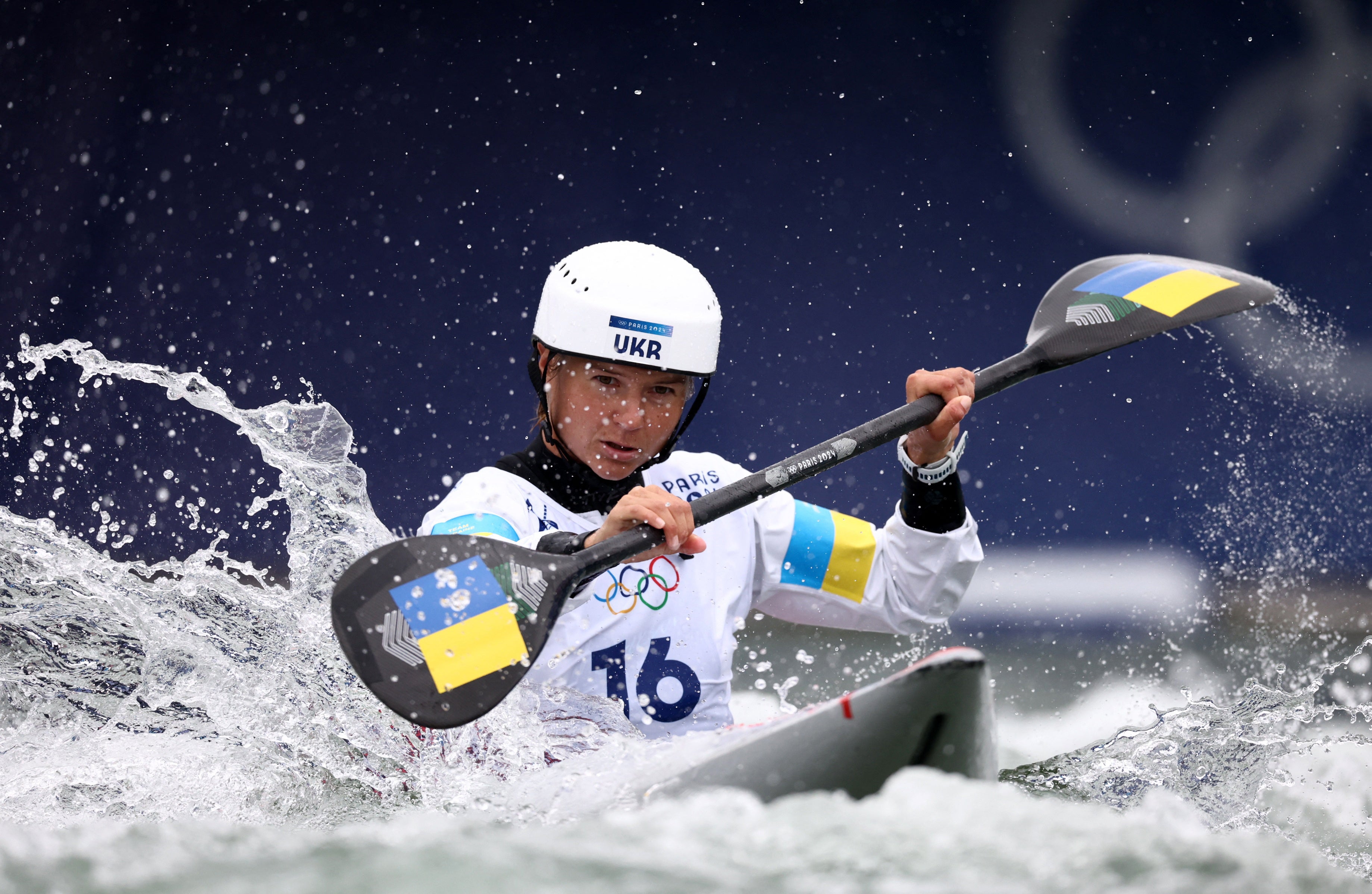 Viktoriia Us of Ukraine in action in the Women’s Kayak Single Heats 1st run at the Vaires-sur-Marne Nautical Stadium