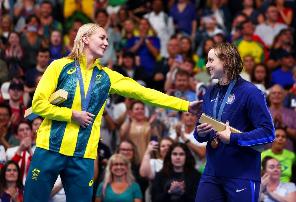 Gold Medalist, Ariarne Titmus of Team Australia and Bronze Medalist, Katie Ledecky of Team United States after the Women's 400m Freestyle Final