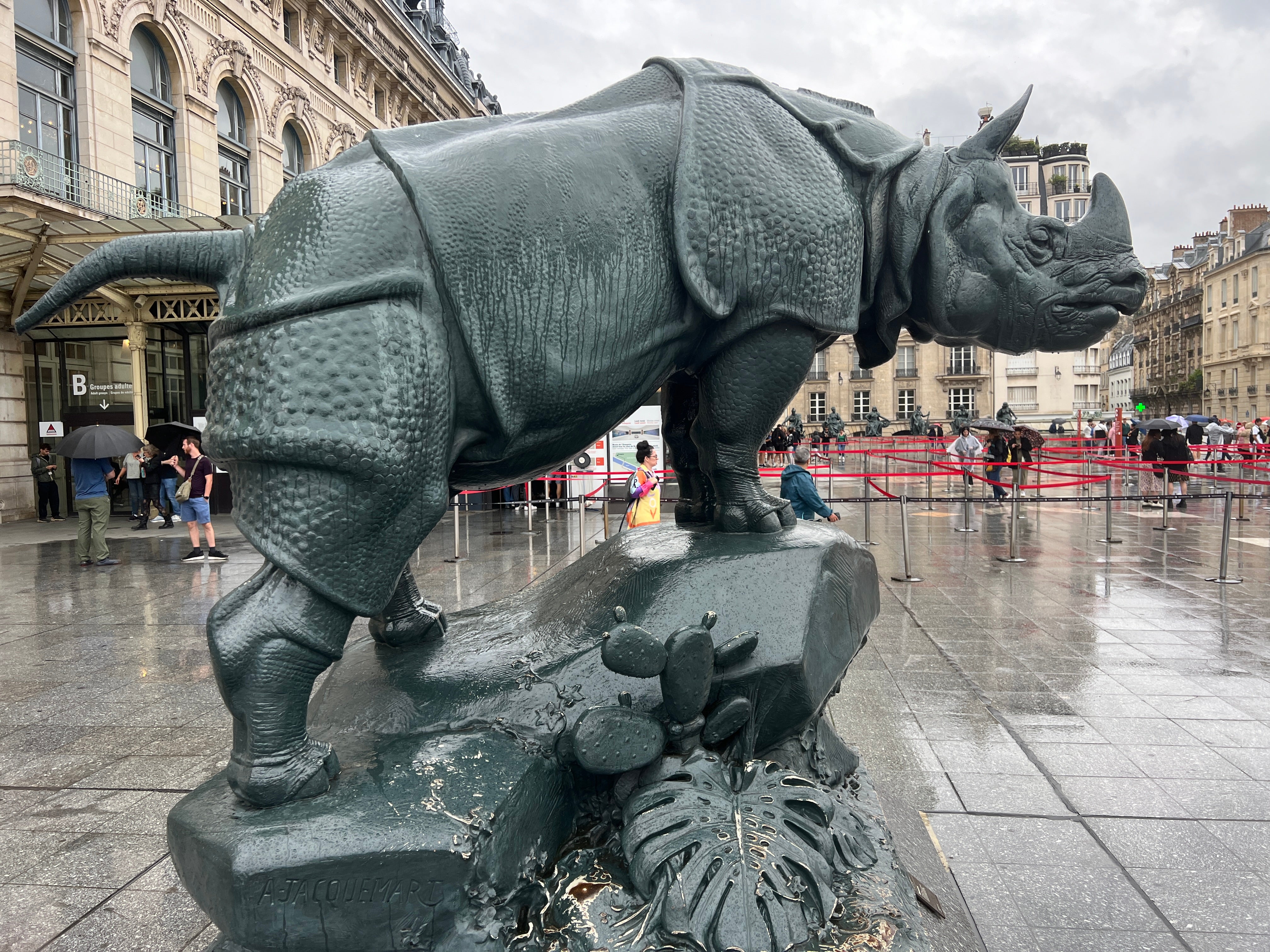 Missing persons: Rhino sculpture outside the Musee d’Orsay in Paris, which is strangely empty