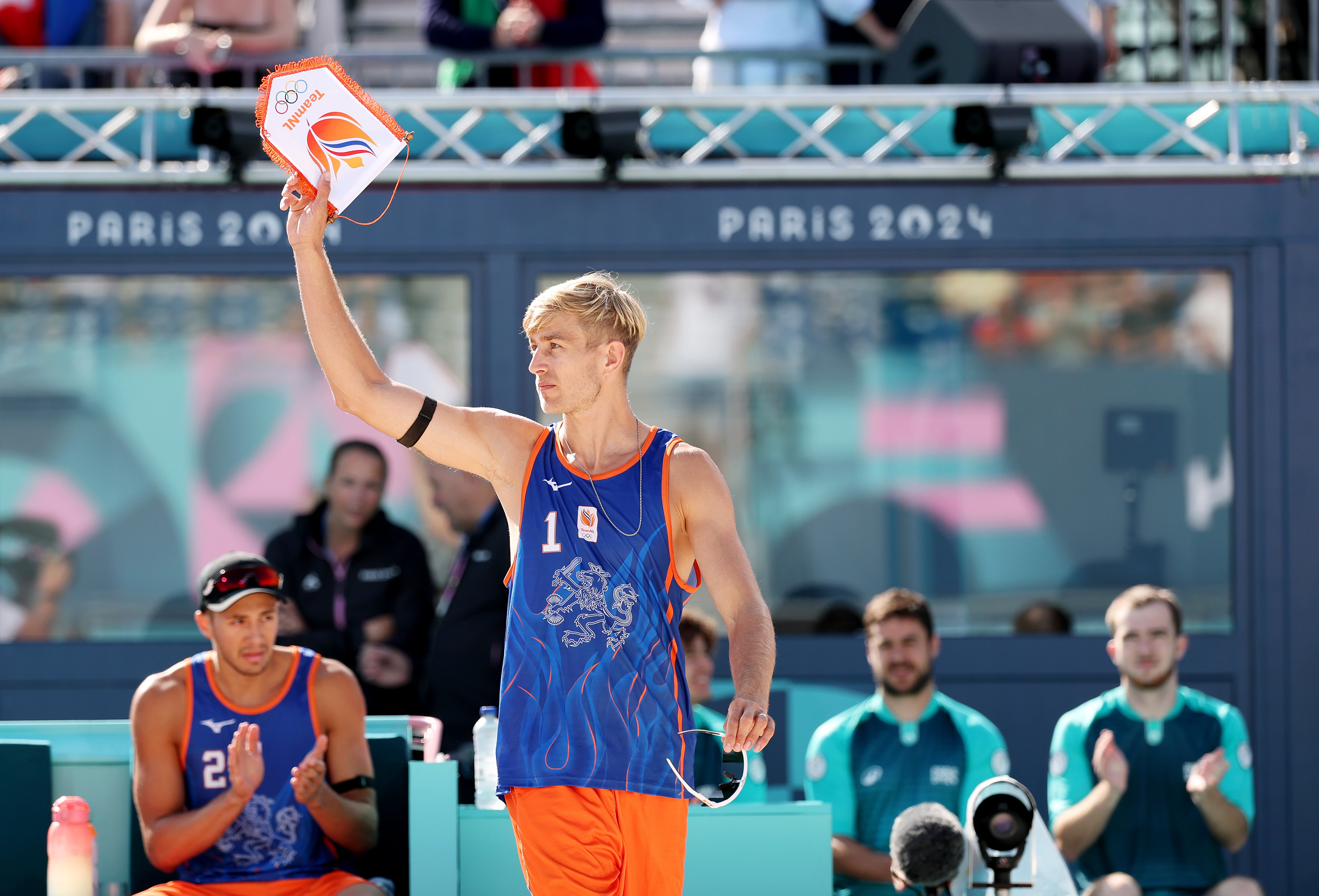 Steven van de Velde of Team Netherlands reacts during the Men’s Beach Volleyball Preliminary Phase