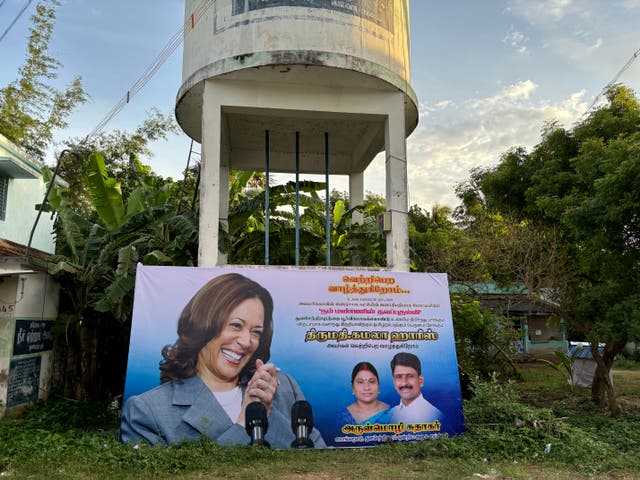 <p>A banner wishing victory for Kamala Harris at Indian village Thulasendrapuram</p>