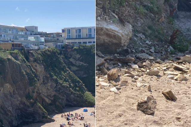<p>Large rocks and rubble tumbled from the Cornish cliff face</p>