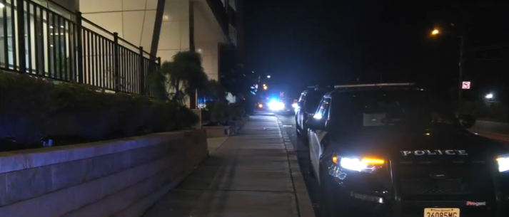 Police officers outside The Pinnacle apartments in Fort Lee, New Jersey where a woman was shot dead by an officer