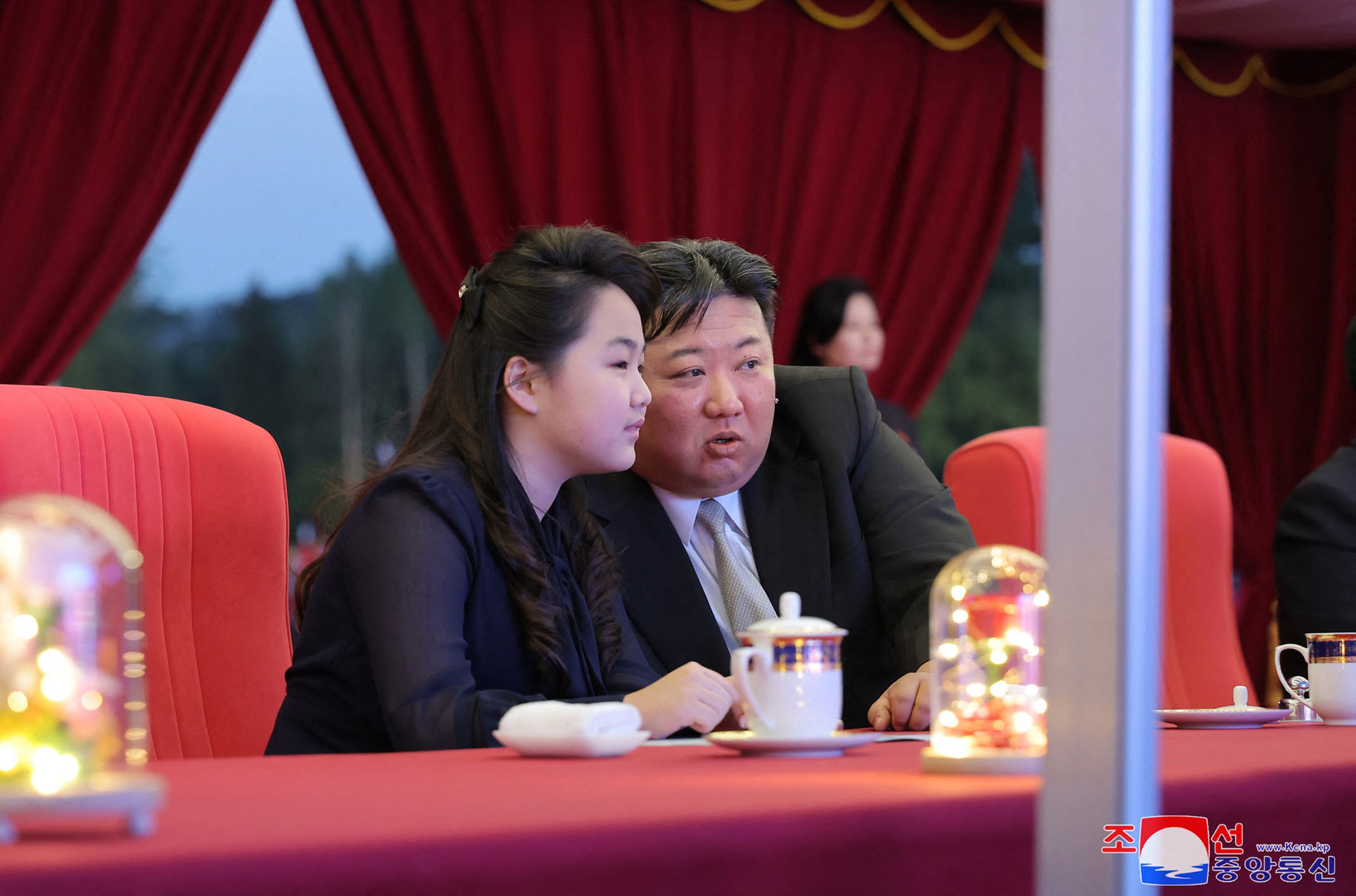 This picture taken on May 14, 2024 and released from North Korea’s official Korean Central News Agency (KCNA) on May 15, 2024 shows North Korea’s leader Kim Jong Un and his daughter Ju Ae