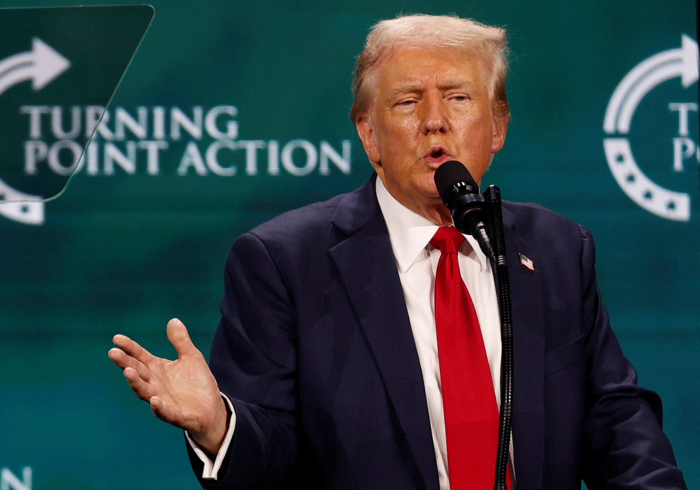 Donald Trump pictured speaking at Turning Point Action’s Believers’ Summit on Friday. GOP lawmakers are downplaying his comment that Christians will not have to vote anymore if he is elected in 2024