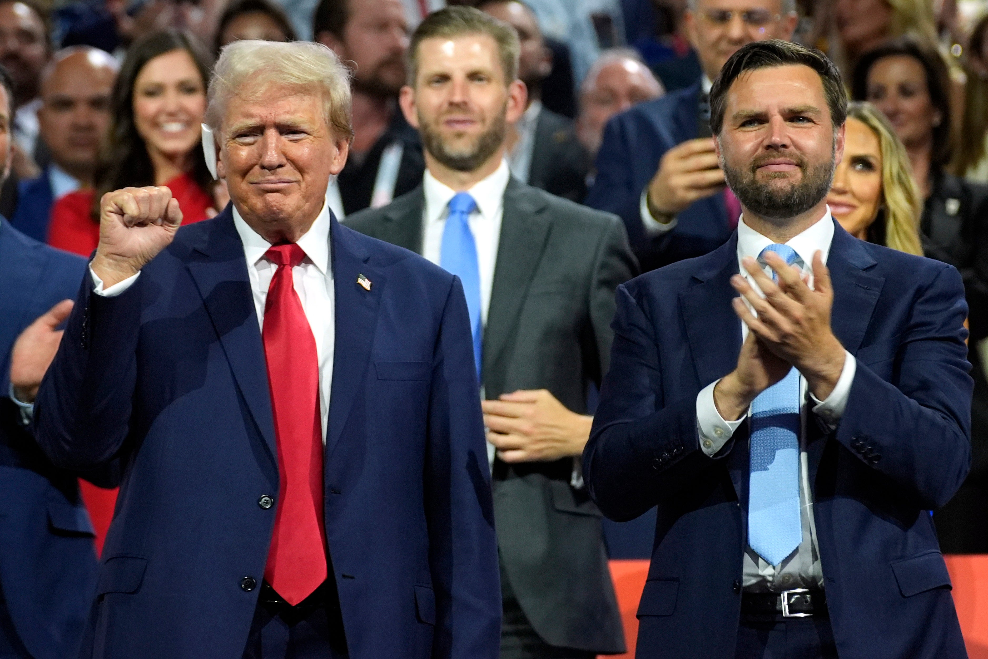 Donald Trump and JD Vance appear at the Republican National Convention in Milwaukee on July 15.