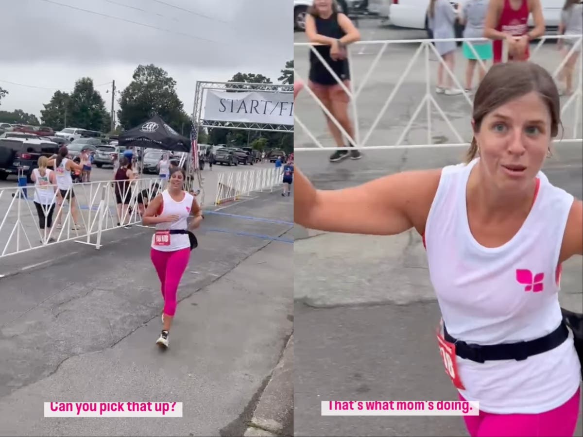 Mother goes viral after helping her children pick up trash right as she finishes race