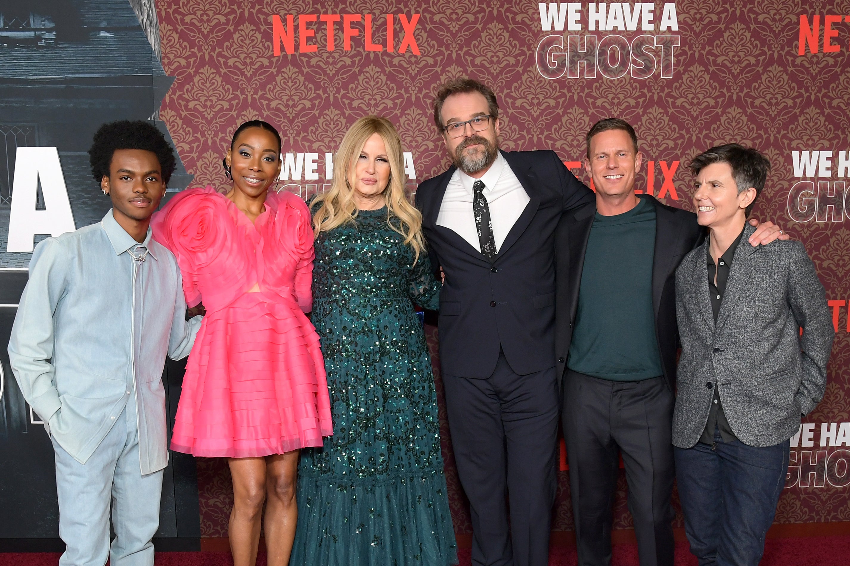 Jahi Di’Allo Winston, Erica Ash, Jennifer Coolidge, David Harbour, Christopher Landon and Tig Notaro attend the ‘We Have A Ghost’ premiere in LA in 2023