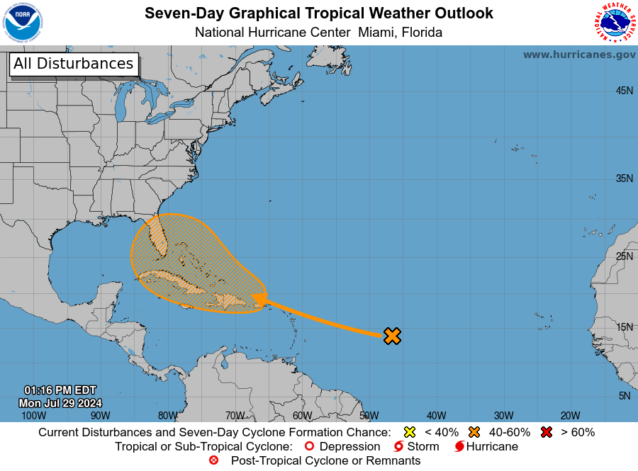 The National Hurricane Center is predicting a 60 percent chance of a tropical storm heading towards the Southeastern US in 7 days.