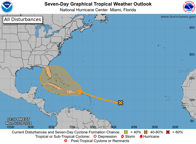 <p>The National Hurricane Center is predicting a 60 percent chance of a tropical storm heading towards the Southeastern US in 7 days.</p>