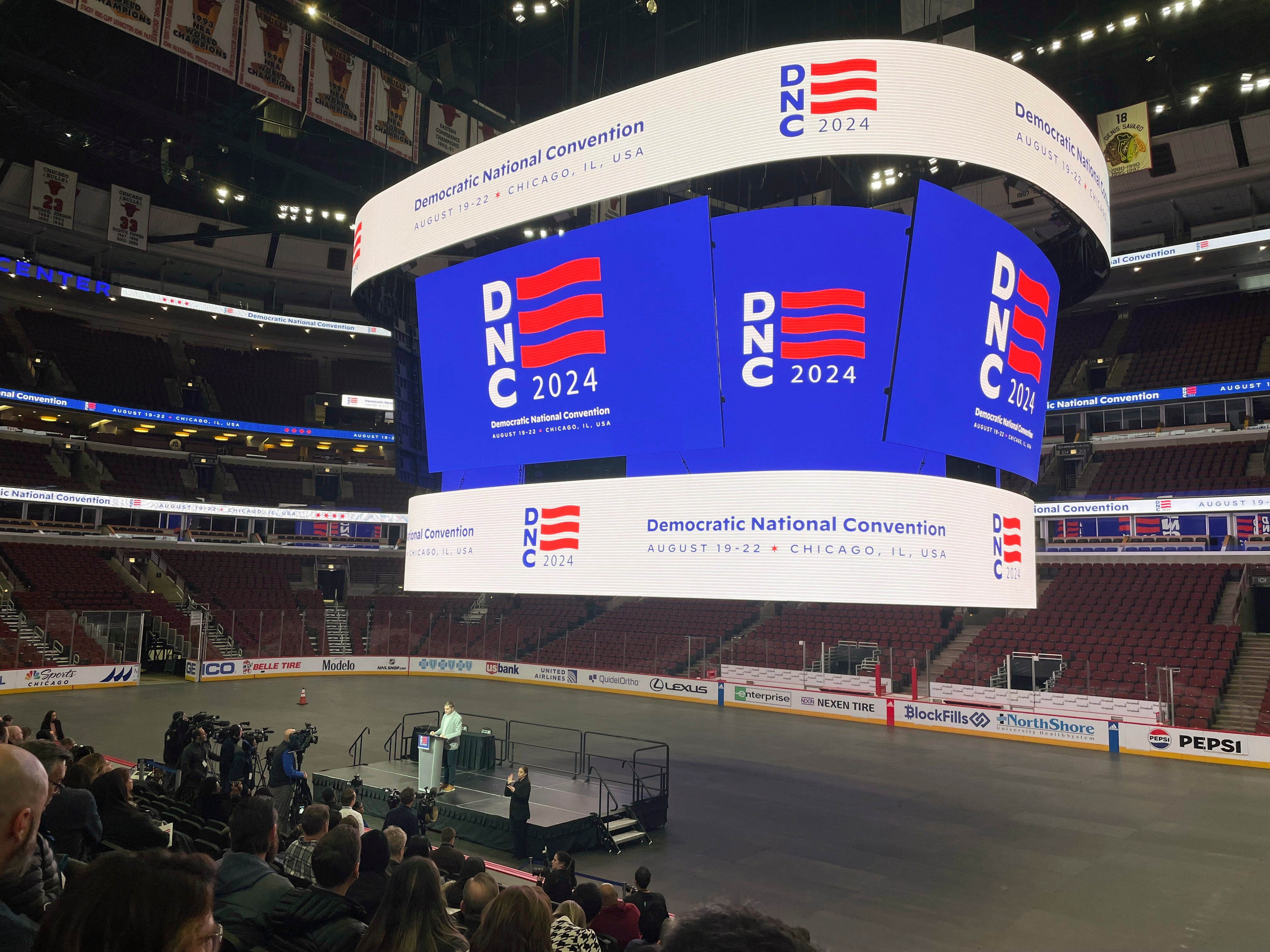 The media attends a Democratic National Convention walk through at the United Center in Chicago on January 18. The event returns to the Windy City on August 19.