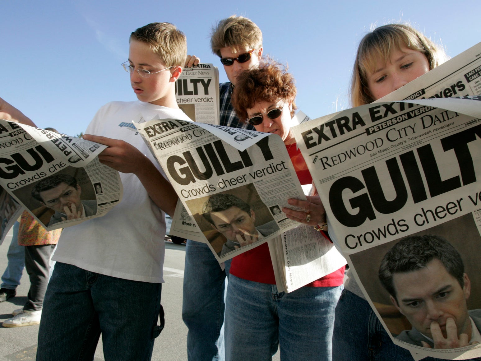 Californians absorb the news of Scott Peterson’s conviction in Redwood City, November 2004